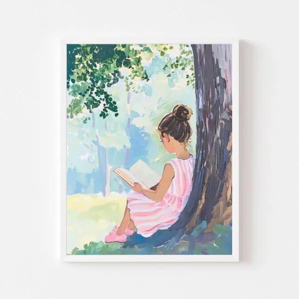 Girl Reading Under Tree Art Print, Kids Room Decor