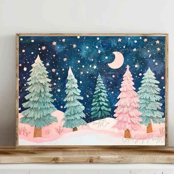 Pink Christmas Tree Winter Landscape Art Print