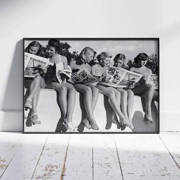 Women Reading Newspaper Vintage Black and White Art Print