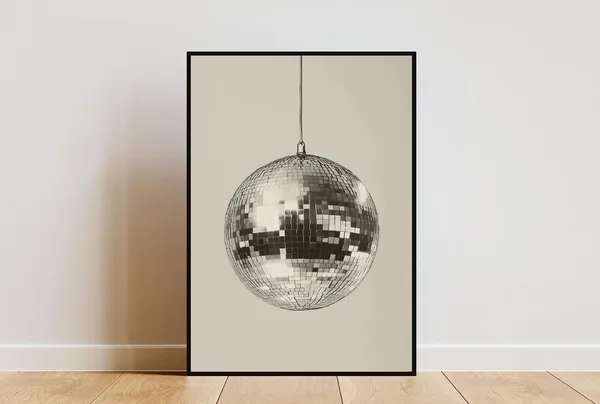 Silver Disco Ball Poster, Minimalist Music Decor