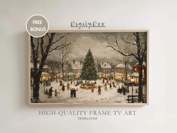 Christmas Village Tree Vintage Holiday Town Art Print