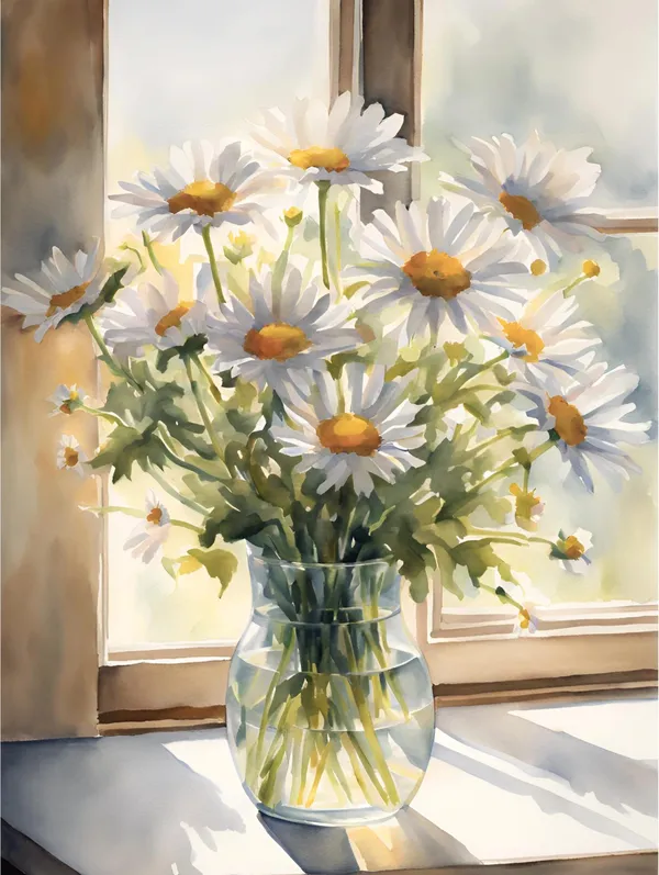 Daisy Flowers Bouquet Watercolor Art Print, Rustic Farmhouse