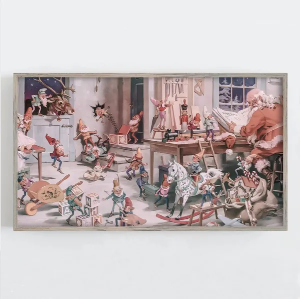 Santa Claus Christmas Workshop, Vintage Art Print