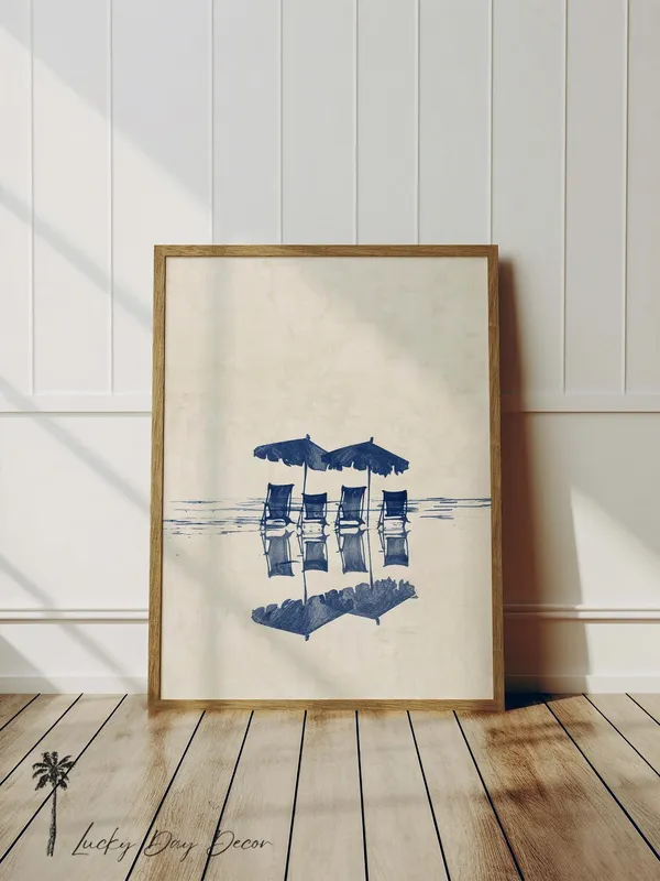 Beach Chairs Umbrellas Coastal Sketch Art Print