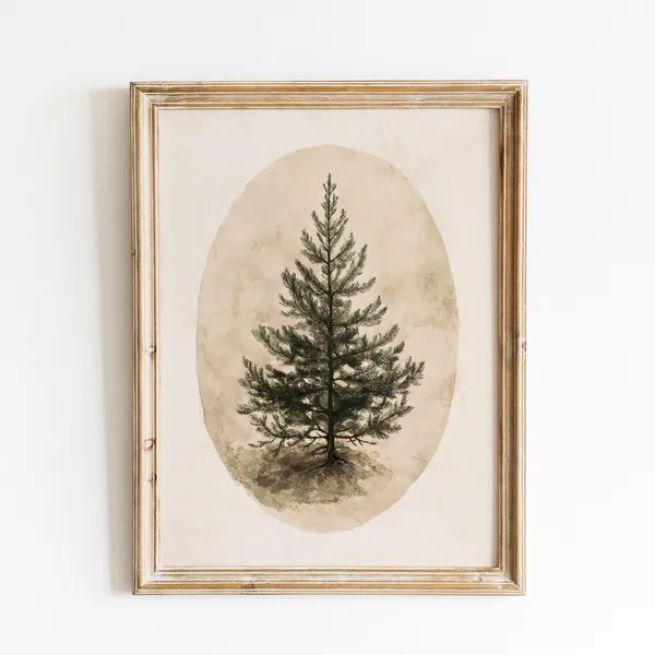 Vintage Christmas Tree Art Print, Victorian Rustic Style