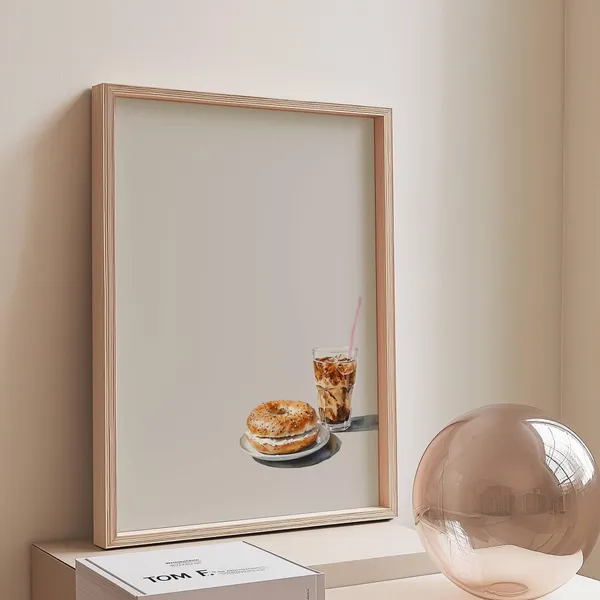 Iced Coffee And Bagel, Minimalist Breakfast Art Print