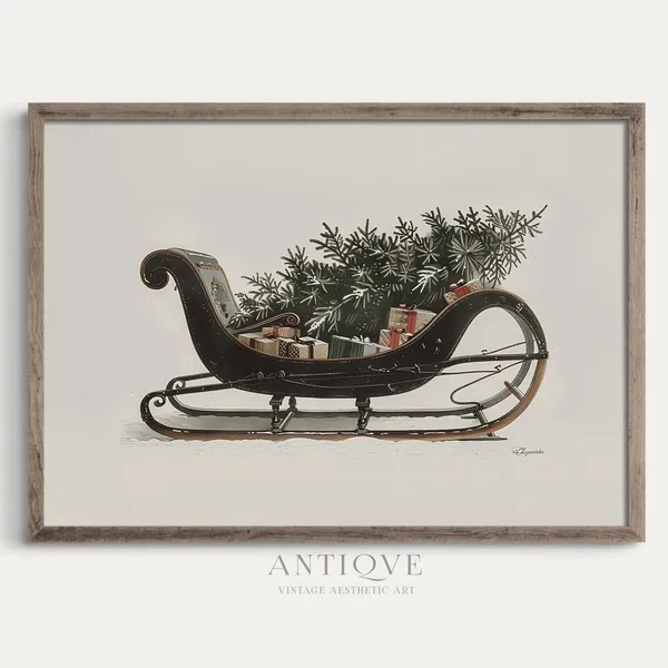 Vintage Sleigh With Christmas Tree Art Print