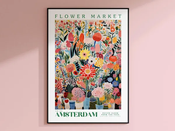 Amsterdam Flower Market Travel Poster, Floral Art