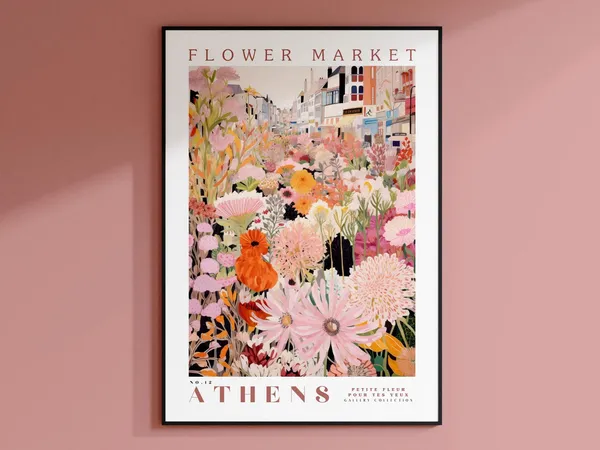 Athens Flower Market Travel Poster, Botanical Art