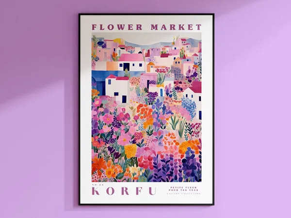 Korfu Flower Market Travel Poster, Floral Decor