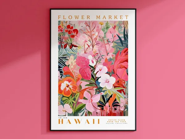 Hawaii Flower Market Travel Poster, Botanical Art