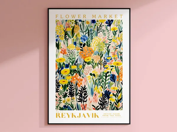 Reykjavik Flower Market Travel Poster, Botanical Art