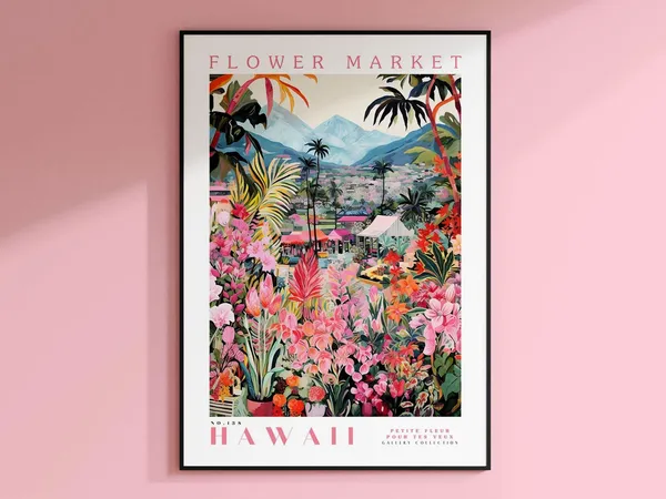 Hawaii Flower Market Travel Poster, Tropical Decor