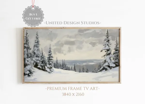 Vintage Winter Forest Painting, Pine Trees Landscape