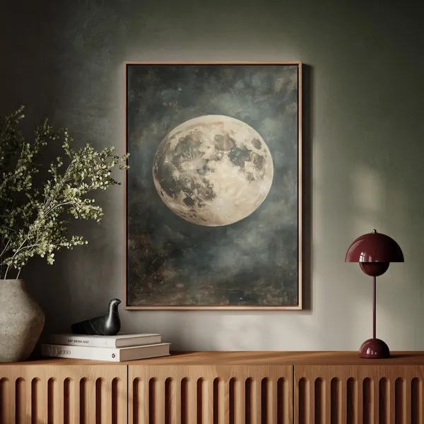 Vintage Full Moon Poster, Celestial Lunar Landscape