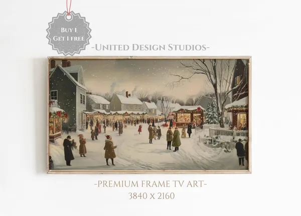 Winter Christmas Town, Classic Christmas Village Art Print