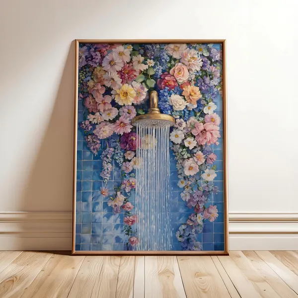 Floral Bathroom Poster, Botanical Watercolor Decor