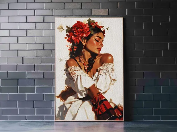 Mexican Floral Latina Portrait Art Print, Southwestern