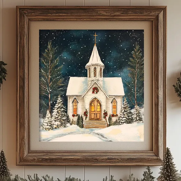 Vintage Church Christmas Scene, Oil-Painting Style Print
