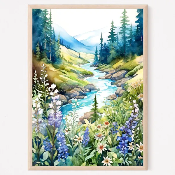 Wildflower Meadow Mountain Landscape Art Print
