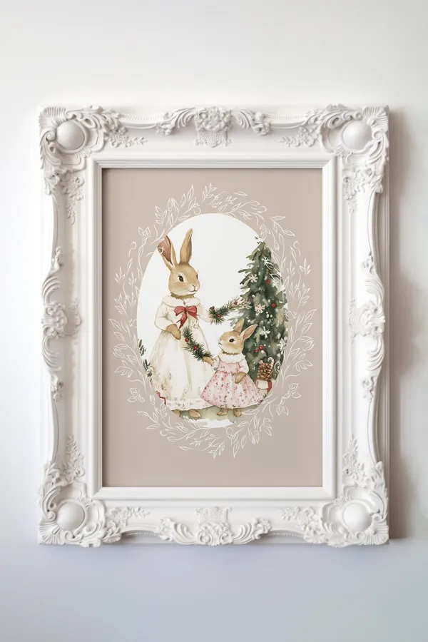 Christmas Bunny Mother And Baby, Vintage Nursery Art Print
