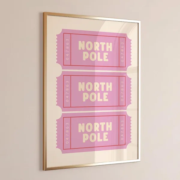 North Pole Ticket Pink Christmas Art Print