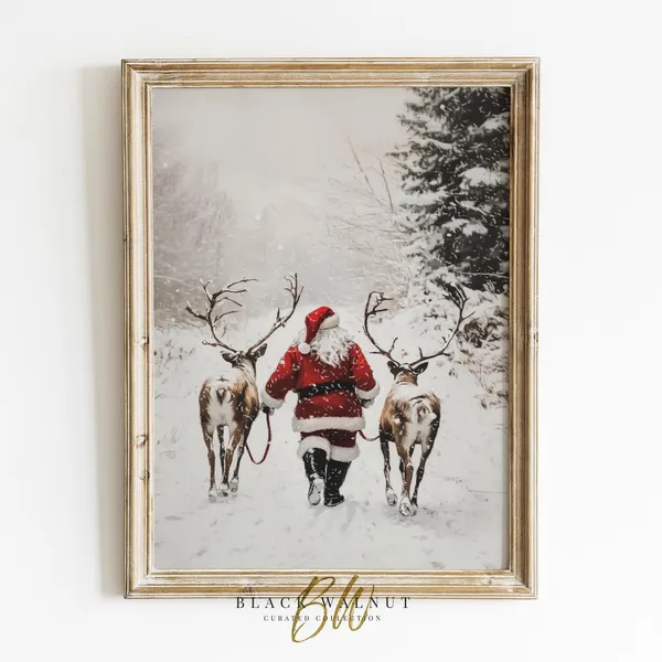Santa and Reindeer Christmas Wall Art Print