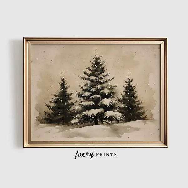Vintage Christmas Tree Landscape Art Print