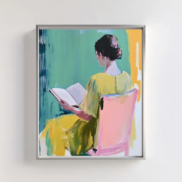 Abstract Woman Reading, Minimalist Yellow Dress Art Print