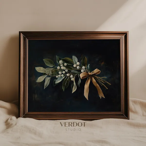 Vintage Mistletoe Christmas Print, Holiday Botanical
