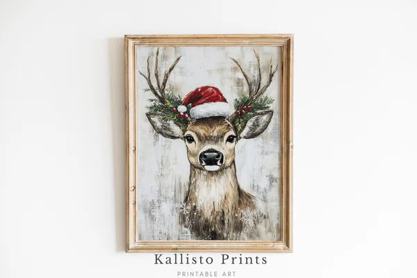 Rustic Christmas Deer Art Print, Festive Reindeer