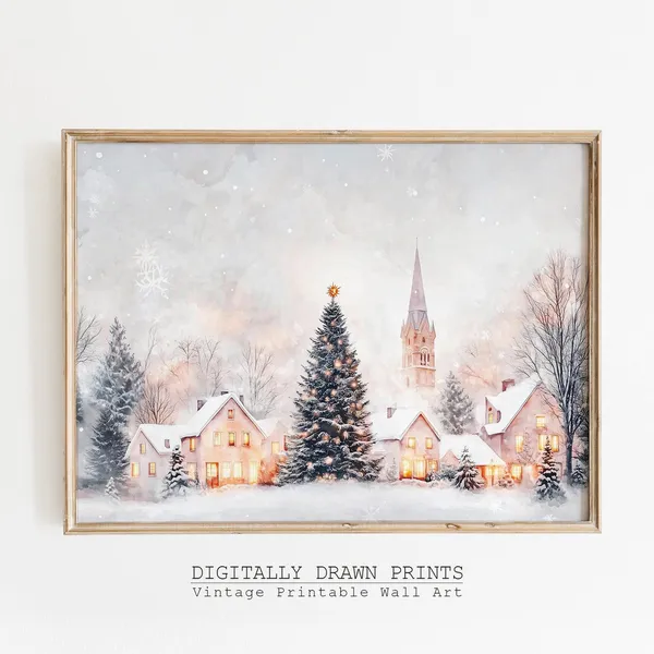 Neutral Christmas Village Art Print, Winter Church Scene