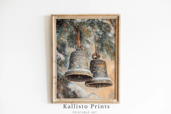Vintage Bells and Snowy Pine, Rustic Winter Poster
