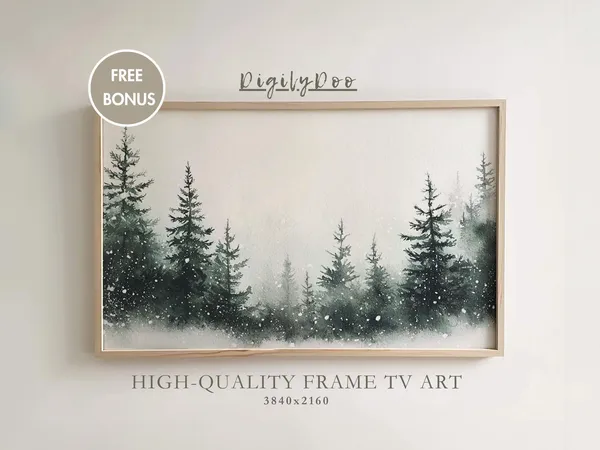 Snowy Pine Tree Forest, Neutral Winter Holiday Art Print