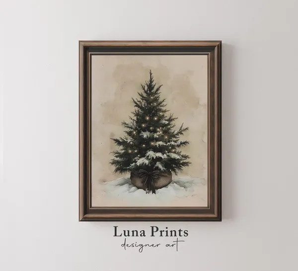 Christmas Tree Painting, Vintage Neutral Holiday Poster
