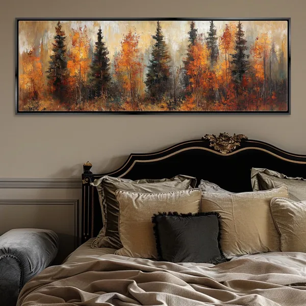 Autumn Pine Trees Panoramic Art Print, Scenic Landscape