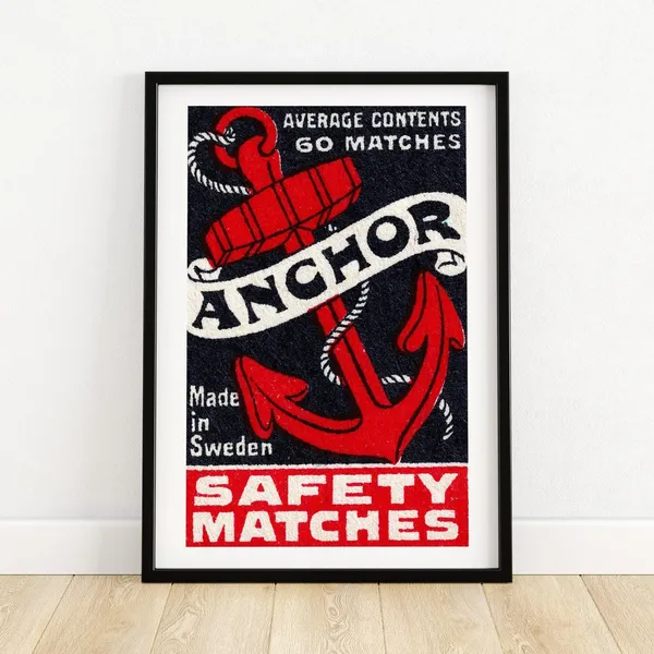 Red Anchor Matchbox, Vintage Swedish Art Poster Print