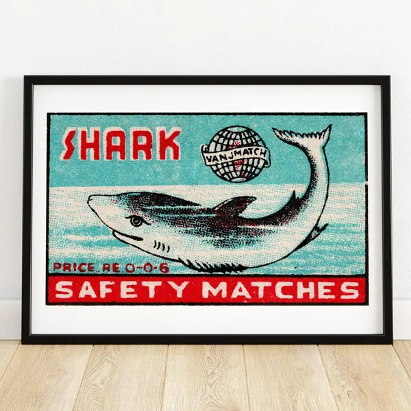 Swimming Shark Vintage India Travel Poster Print