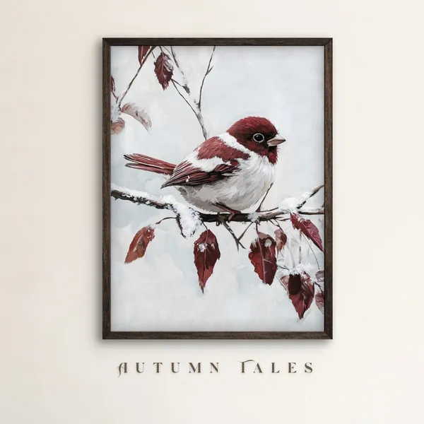 Red Winter Sparrow Art Print, Moody Seasonal Wildlife