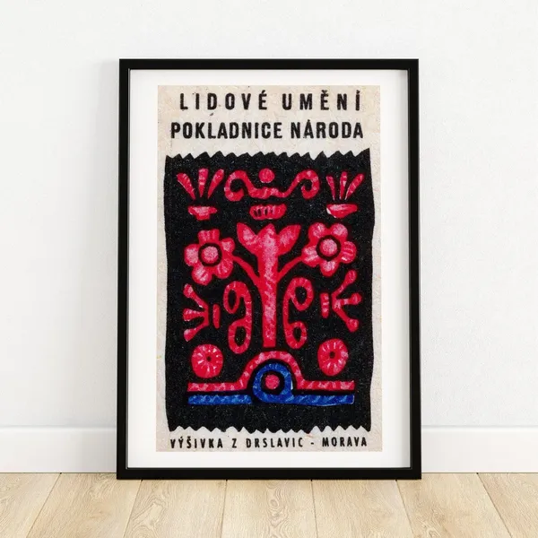 Red Flower Matchbox Folk Art, Vintage Czech Poster