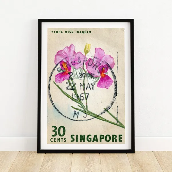 Purple Flowers Singapore Postage Stamp, Vintage Poster