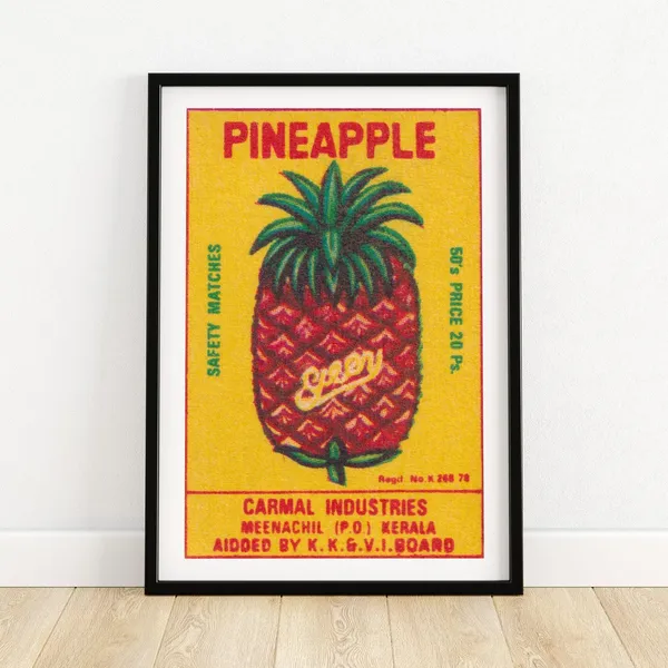 Pineapple Fruit Matchbox Print, Vintage India Poster
