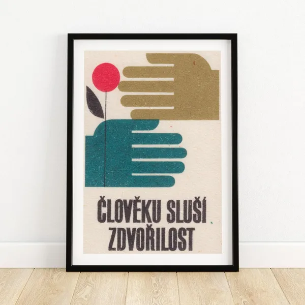 Hand Passing Red Flower Matchbox Vintage Czech Poster