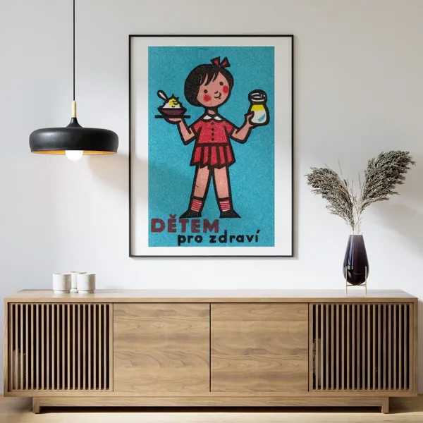 Girl With Yogurt Red Dress, Vintage Czech Poster Print