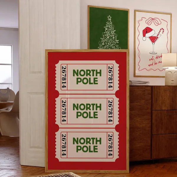 North Pole Ticket Art Print, Red Christmas Decor