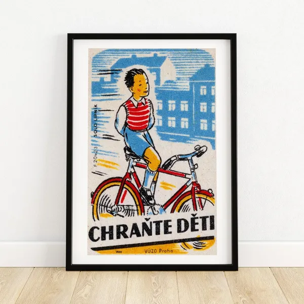 Boy Cycling Matchbox Print, Vintage Czech Poster