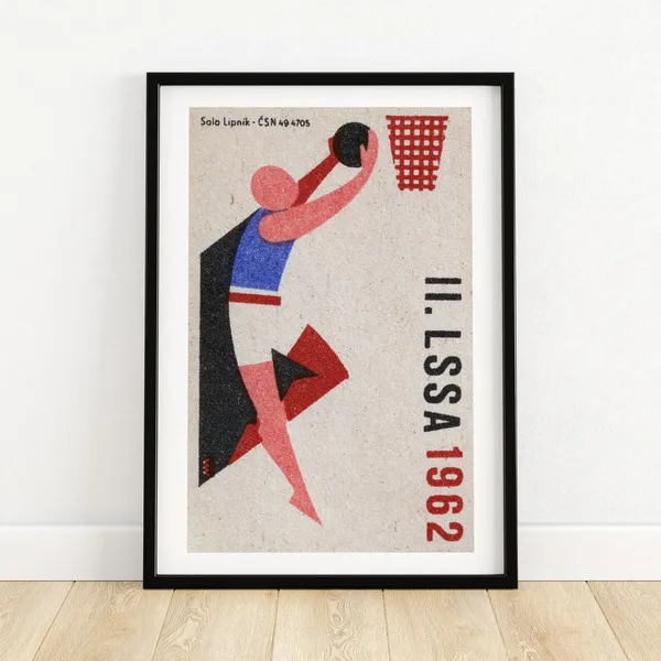 Basketball Player Shooting Matchbox Print, Vintage Czech