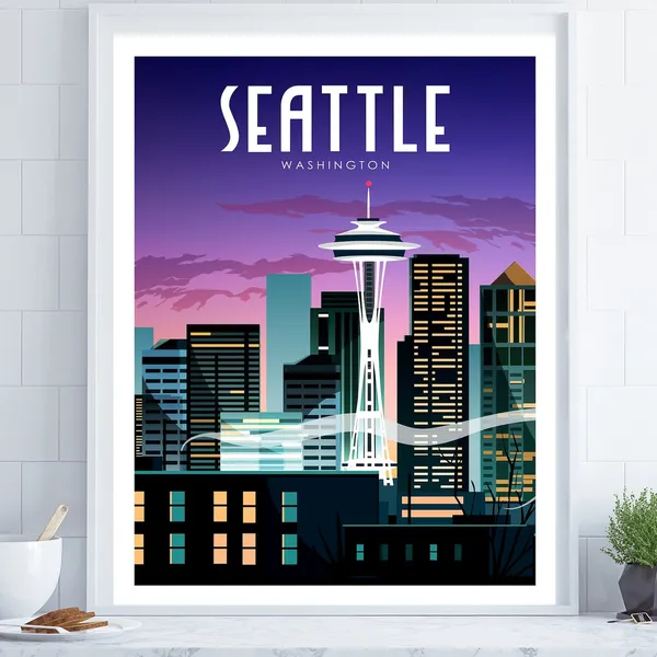 Seattle Travel Poster, Retro Washington Wall Art