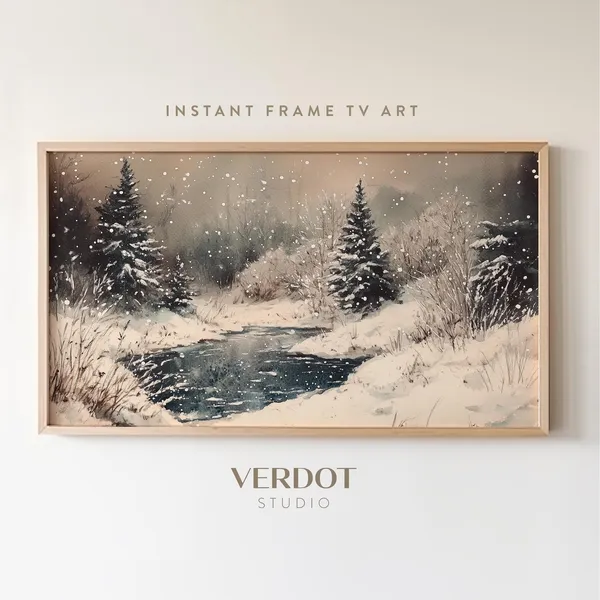 Winter Pond Christmas Vintage Landscape Art Print