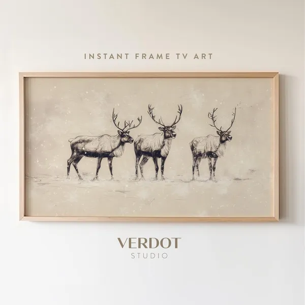 Christmas Reindeer Neutral Sketch Art Print, Vintage Winter